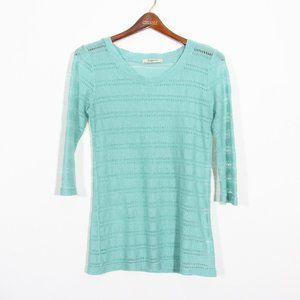 3/$15 Romy Teal Open Knit Top Stripe 1/2 Sleeve Scoop Neck Blue Green Size XS